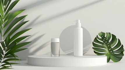 Poster - Minimal modern product display on light gray background copy space Concrete podium and green leaves Concept scene stage showcase for cosmetic products skin care product presentation : Generative AI