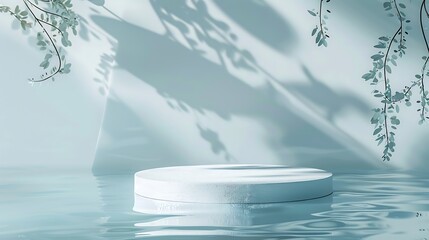 Poster - Pastel blue colored abstract nature scene with white cylinder podium on transparent water with waves and soft shadow of plants Pedestal for cosmetic product and packaging mockups displ : Generative AI