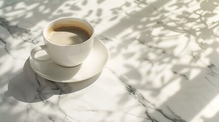 Aufkleber - White ceramic saucer and cup with coffee drink on neutral marble gray table background with aesthetic floral sunlight shadows feminine business branding template : Generative AI