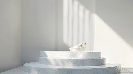 Aufkleber - Empty gypsum stones platform podium on white light and shadow interior background Minimal empty display product presentation scene : Generative AI