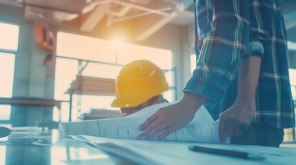 Aufkleber - Architect or engineer working on building blueprint contractor designing and drawing blueprint layout with tool for construction project Civil engineer and architecture design concept  : Generative AI