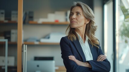 Happy proud prosperous mid aged mature professional business woman ceo executive wearing suit standing in office arms crossed looking away thinking of success, leadership, side profile view