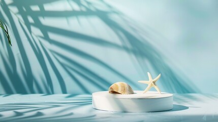 Modern product display on blue background with product podium starfish seashell and tropical palm leaf shadow Suitable for Product Display and Business Concept : Generative AI
