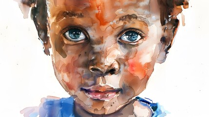 Watercolor Portrait of a Happy Six-Year-Old African American Boy

