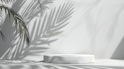 Aufkleber - White background of wall with palm shadows and podium Free space for your decoration product presentation mock up show cosmetic product display Podium stage pedestal or platform : Generative AI