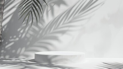 Aufkleber - White background of wall with palm shadows and white stone podium Free space for your decoration product presentation mock up show cosmetic product display Podium stage pedestal or pla : Generative AI