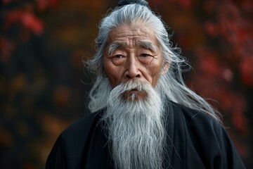 Canvas Print - Portrait of a serene elderly asian man with a long white beard, set against a backdrop of vibrant autumn foliage