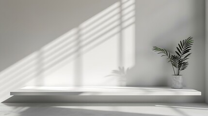 Aufkleber - Background White Wall Studio with LightShadowKitchen Room Background with Window Sunlight effect on Top ShelfBackdrop Banner Empty Grey Cement Surface Mockup Podium Display for Product : Generative AI