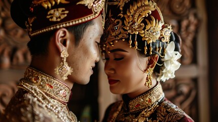 Wall Mural - The bride and groom look very beautiful after their traditional Javanese, Indonesian wedding