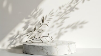 Aufkleber - Luxury marble table with plant shadow on white wall and stone podium for product placement display Trendy neutral aesthetic mockup template for beauty and cosmetics scene : Generative AI