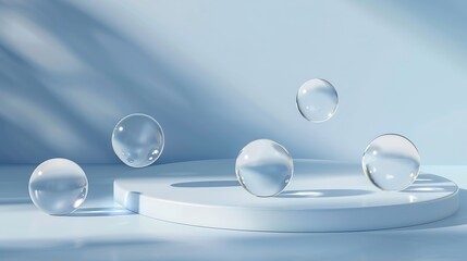 Poster - White podium with glass balls on a blue background for product presentation Minimal concept and hard sunlight : Generative AI