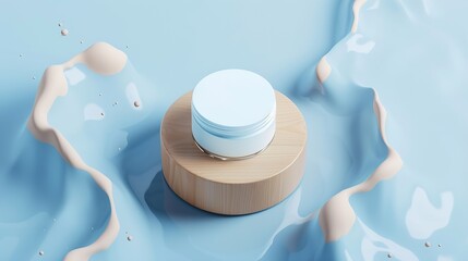 Poster - Beauty cosmetics product presentation scene made with wooden pedestal floating blue water Top view backdrop : Generative AI