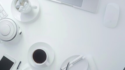 Leinwandbilder - White office desk table with laptop smartphone cup of coffee and supplies Top view with copy space flat lay : Generative AI