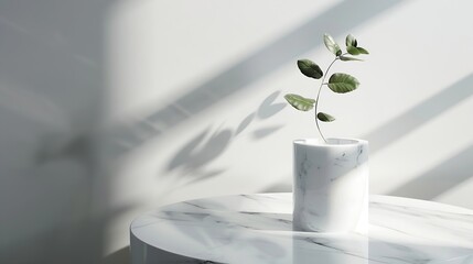 Aufkleber - Luxury marble table with plant shadow on white wall and cylinder stand arrangement for product placement display Modern minimal interior design with trendy neutral aesthetic for beauty : Generative AI