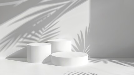 Wall Mural - White empty stands on light background with palm shadows overlay Abstract podium product display : Generative AI