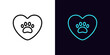 Outline pet love icon, with editable stroke. Heart with animal paw. Pet care and veterinarian aid, shelter and home for animals, donation and charity, animal life rescue, cat and dog care. Vector icon