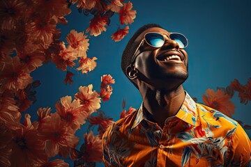 man wearing sunglasses on blue background in floral shirt, in the style of african influencers