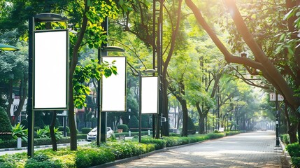 Poster - Hanging posters by the road in the city blank vertical advertising banners on street lampposts against lush green trees and plants For OOH out of home template mock up : Generative AI
