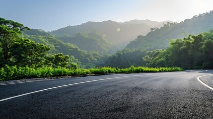 Poster - Asphalt road and green forest with mountain nature landscape in Hangzhou China : Generative AI