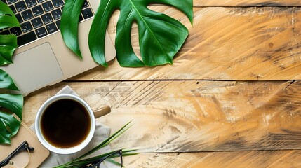 Aufkleber - Top view office table desk Workspace with blank office supplies laptop eyes glasses green leaf and hot black coffee cup on wood background : Generative AI