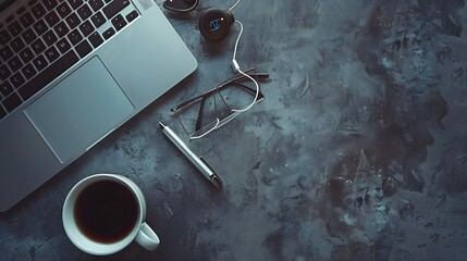 Leinwandbilder - Desk with laptop eye glasses earphone pen and a cup of coffee Top view with copy space : Generative AI