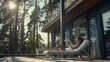 © Generative AI - Young woman resting on sunbed and reading on a tablet on the wooden terrace near the modern house with panoramic windows near pine forest Concept of solitude and recreation on nature : Generative AI