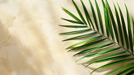 Aufkleber - Top view of green tropical leaf shadow on sand color background Flat lay Minimal summer concept with palm tree leaf Creative copyspace : Generative AI