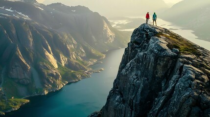 Wall Mural - Couple family traveling together on cliff edge in Norway man and woman lifestyle concept summer vacations outdoor aerial view Lofoten islands Reinebringen mountain top : Generative AI