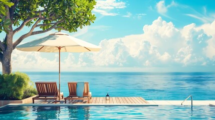 Wall Mural - Summer vacation at poolside Veranda decorated with deck chairs and umbrella with an ocean view : Generative AI