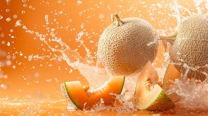 Poster - Creative layout made from whole and slice of orange japanese melons or cantaloupe melon and water Splashing on a orange background : Generative AI