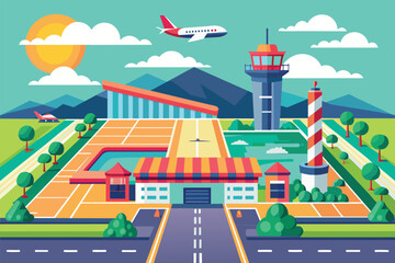 Sticker - An airplane soaring over a busy airport runway with various ground vehicles, Airport runway Customizable Flat Illustration