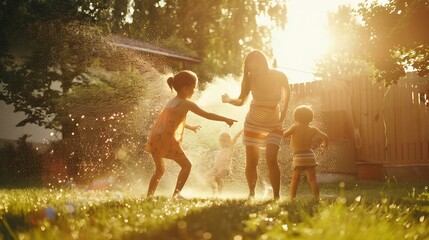 Happy family playing in backyard Mother sprinkling her kids in hot summer day : Generative AI