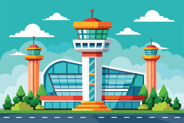 Poster - An airport building with two towers standing tall amidst trees in the surroundings, Airport tower Customizable Cartoon Illustration