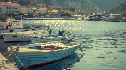 Wall Mural - Harbour and boats in sunny day at Boka Kotor bay Boka Kotorska Montenegro Europe Retro toned image : Generative AI