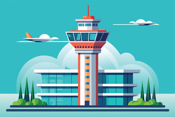 Sticker - An airport building with a plane flying overhead in a clear blue sky, Airport tower Customizable Flat Illustration