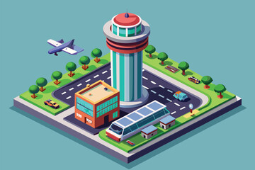 Sticker - An airport with a bus and a bus stop, showcasing transport activities in a bustling travel hub, Airport tower Customizable Isometric Illustration