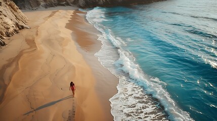 Wall Mural - Aerial view of walking young woman on empty sandy beach near sea with waves at sunset Summer vacation in Lefkada island Greece Top view of sporty girl blue water mountain Lifestyle and : Generative AI
