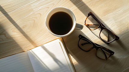 Aufkleber - Top view notebooks coffee cup and glasses on wooden table : Generative AI