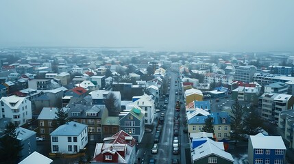 Wall Mural - Elevated view of Reykjavik Iceland showcasing the colorful buildings varied architecture and urban layout under a hazy sky : Generative AI