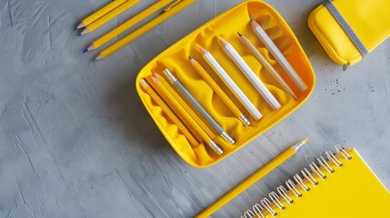 Poster - Back to school concept Yellow school pencil case with filling school stationery notebook pens pencils Yellow school accessories on grey background Flat lay top view copy space : Generative AI