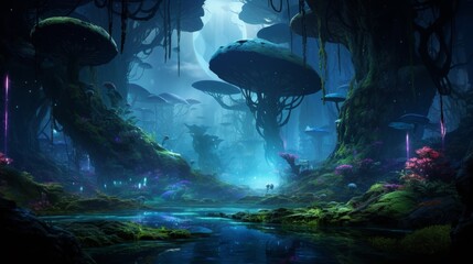 Poster - fantasy dark landscape of magical environment.