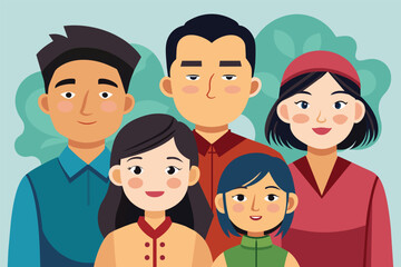 Sticker - A diverse group of individuals of Asian descent stand next to each other in a semi-flat illustration, Asian family Customizable Semi Flat Illustration