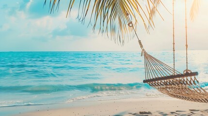 Wall Mural - Tropical beach background as summer landscape with beach swing or hammock and white sand and calm sea for beach banner Perfect beach scene vacation and summer holiday concept Boost up  : Generative AI