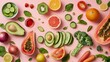 © Generative AI - Creative neatly arranged food layout with fruits vegetables and leaves on bright background Minimal healthy food concept Flat lay : Generative AI