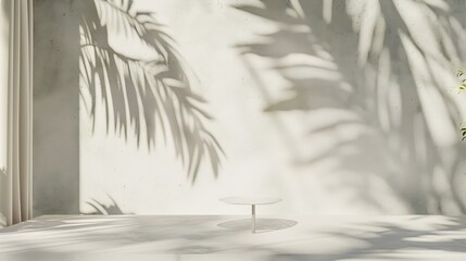 Aufkleber - White concrete empty table organic curtain and plant shadow on cement wall Summer exterior scene for product placement mockup Neutral minimal aesthetic : Generative AI