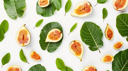 Fig fruit creative layout isolated on white background Healthy eating and dieting food concept Tropical fruits and leaves composition Top view flat lay Design element : Generative AI