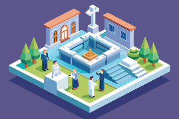 Wall Mural - A group of people gathered outside a building, possibly engaging in conversation or waiting to enter, Baptism Customizable Isometric Illustration