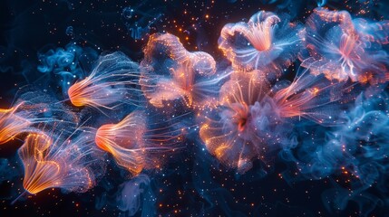 Wall Mural - a series of glowing flowers are floating in the air, surrounded by smoke
