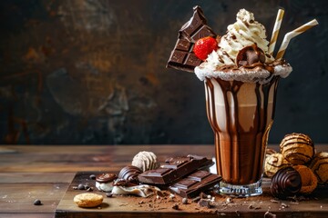 Wall Mural - Gourmet milkshake topped with whipped cream, chocolate pieces, and a strawberry in dramatic lighting