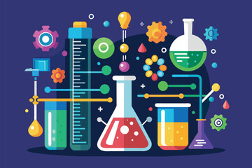 Sticker - A blue background with science-themed elements like beakers and test tubes, perfect for educational or scientific presentations, Beaker chemistry Customizable Disproportionate Illustration